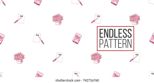 Wedding illustration, seamless pattern with gift box with bow, bouquet of roses, fountain pen. Vector fashion backdrop in watercolor style, isolated elements on white background.