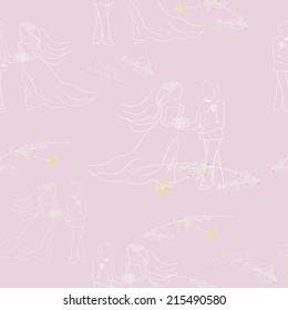 Wedding illustration. Seamless pattern with groom bride and rings. Vector