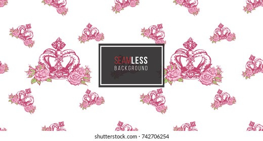 Wedding illustration, seamless pattern with luxury queen crown. Vector fashion backdrop in watercolor style, isolated elements on white background.