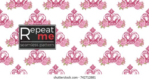 Wedding illustration, seamless pattern with luxury queen crown. Vector fashion backdrop in watercolor style, isolated elements on white background.