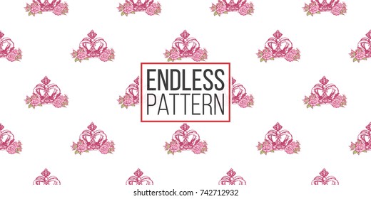 Wedding illustration, seamless pattern with luxury queen crown. Vector fashion backdrop in watercolor style, isolated elements on white background.
