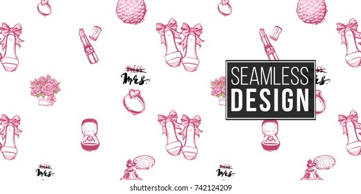Wedding illustration, seamless pattern with pink lipstick, French perfume, engagement ring compositions, bride shoes, bouquet of roses. Vector fashion backdrop in watercolor style.