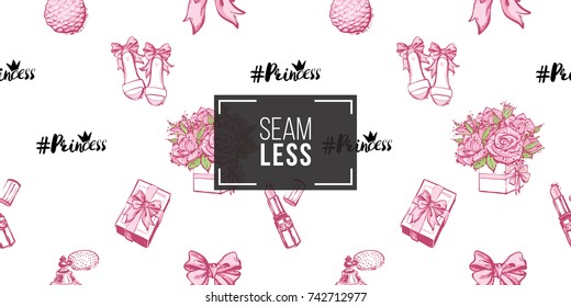 Wedding illustration, seamless pattern with pink lipstick, bow, gift box, French perfume, princess hashtag, bride shoes, bouquet of roses. Vector fashion backdrop in watercolor style.