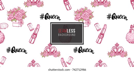 Wedding illustration, seamless pattern with pink lipstick, French perfume, queen hashtag, luxury queen crown, bouquet of roses. Vector fashion backdrop in watercolor style.