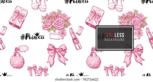 Wedding illustration, seamless pattern with pink lipstick, bow, gift box, French perfume, princess hashtag, bride shoes, bouquet of roses. Vector fashion backdrop in watercolor style.