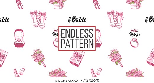 Wedding illustration, seamless pattern with pink lipstick, gift box bow, engagement ring, boutonniere, bride shoes, bride hashtag, bouquet of roses. Vector fashion backdrop in watercolor style