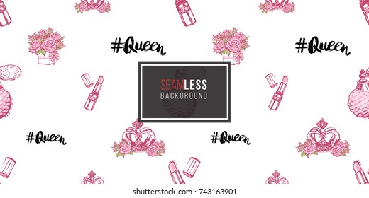 Wedding illustration, seamless pattern with pink lipstick, French perfume, queen hashtag, luxury queen crown, bouquet of roses. Vector fashion backdrop in watercolor style.