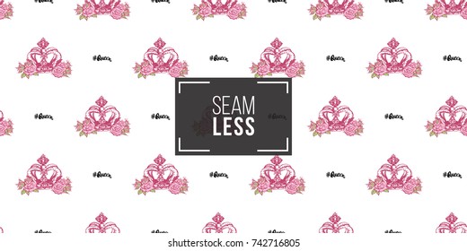 Wedding illustration, seamless pattern with queen hashtag and luxury empress crown. Vector fashion backdrop in watercolor style, isolated elements on white background.