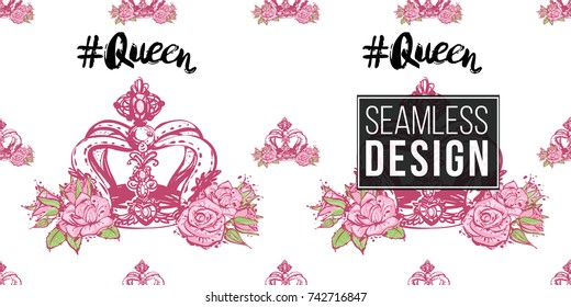 Wedding illustration, seamless pattern with queen hashtag and luxury empress crown. Vector fashion backdrop in watercolor style, isolated elements on white background.
