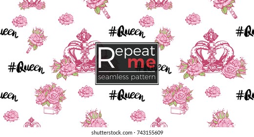 Wedding illustration, seamless pattern with queen hashtag, luxury crown, rose boutonniere, bouquet of roses. Vector fashion backdrop in watercolor style, isolated elements on white background.