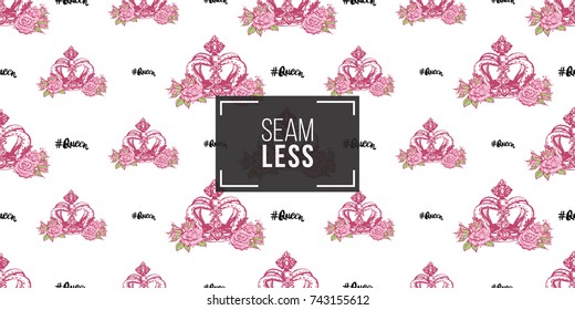 Wedding illustration, seamless pattern with queen hashtag and luxury empress crown. Vector fashion backdrop in watercolor style, isolated elements on white background.