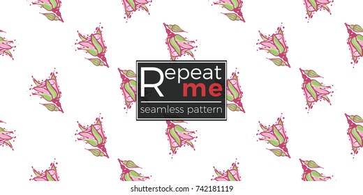 Wedding illustration, seamless pattern with rose bud. Vector fashion backdrop in watercolor style, isolated elements on white background.