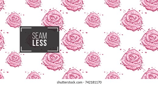 Wedding illustration, seamless pattern with rose flower. Vector fashion backdrop in watercolor style, isolated elements on white background.
