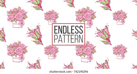 Wedding illustration, seamless pattern with rose buds and bouquet of roses. Vector fashion backdrop in watercolor style, isolated elements on white background.
