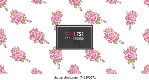 Wedding illustration, seamless pattern with rose boutonniere. Vector fashion backdrop in watercolor style, isolated elements on white background.