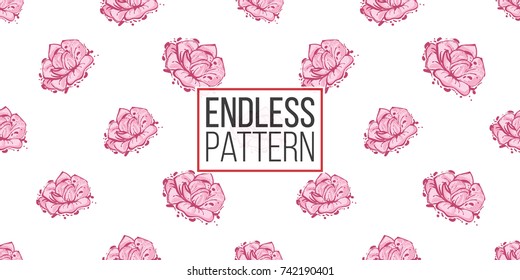 Wedding illustration, seamless pattern with rose. Vector fashion backdrop in watercolor style, isolated elements on white background.