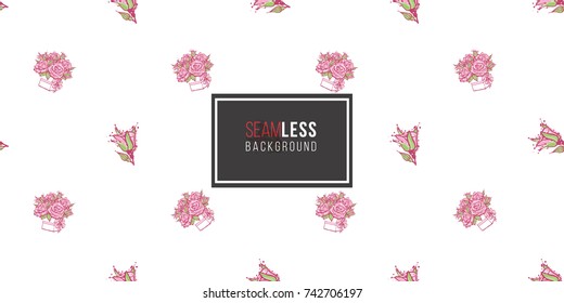 Wedding illustration, seamless pattern with rose buds and bouquet of roses. Vector fashion backdrop in watercolor style, isolated elements on white background.