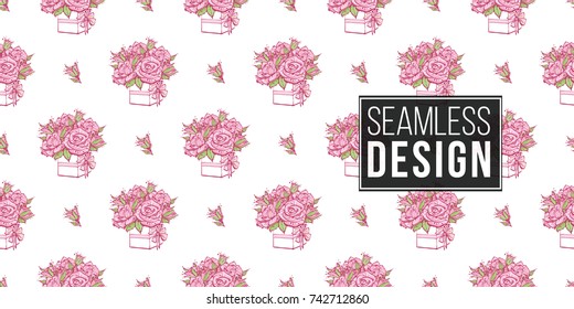 Wedding illustration, seamless pattern with rose buds and bouquet of roses. Vector fashion backdrop in watercolor style, isolated elements on white background.