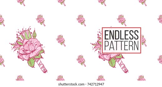 Wedding illustration, seamless pattern with rose boutonniere. Vector fashion backdrop in watercolor style, isolated elements on white background.