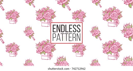 Wedding illustration, seamless pattern with rose boutonniere and bouquet of roses. Vector fashion backdrop in watercolor style, isolated elements on white background.