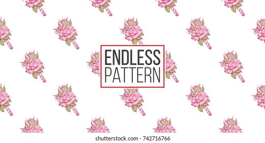 Wedding illustration, seamless pattern with rose boutonniere. Vector fashion backdrop in watercolor style, isolated elements on white background.