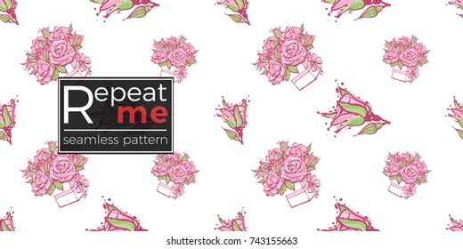 Wedding illustration, seamless pattern with rose buds and bouquet of roses. Vector fashion backdrop in watercolor style, isolated elements on white background.