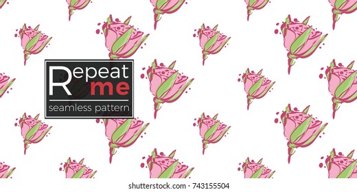 Wedding illustration, seamless pattern with young rose flower. Vector fashion backdrop in watercolor style, isolated elements on white background.