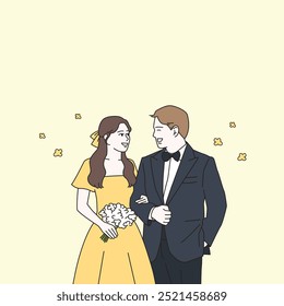 Ilustração de casamento, estilo simples, uma noiva vestindo um vestido amarelo e segurando um buquê