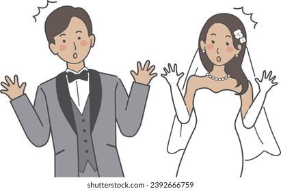 A wedding illustration of a surprised bride and groom with their arms outstretched