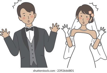 A wedding illustration of a surprised bride and groom with their arms outstretched