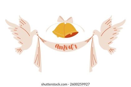 Wedding illustration. Two doves are holding a congratulatory ribbon.