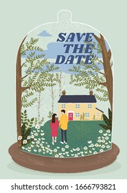 Wedding illustration vector men and women standing in the wood inside terrarium garden invitation greeting card