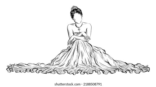 Wedding illustration with woman wearing bridal dress. Hand drawing of bride wearing a tiara. Isolated nuptial vector.