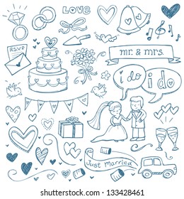 Wedding illustrations drawn in a doodled style.