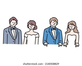 ilustración de una boda. Bodas, bodas, recepciones, vestidos, ramos, felicidad, parejas casadas, capillas.