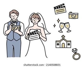 a wedding illustration.Weddings, weddings, receptions, dresses, bouquets, happiness, married couples, chapels.