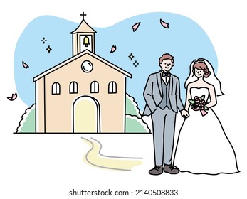 a wedding illustration.Weddings, weddings, receptions, dresses, bouquets, happiness, married couples, chapels.