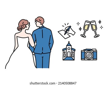 a wedding illustration.Weddings, weddings, receptions, dresses, bouquets, happiness, married couples, chapels.