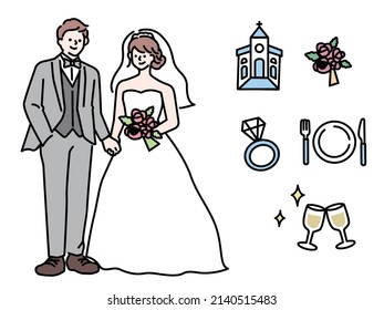 a wedding illustration.Weddings, weddings, receptions, dresses, bouquets, happiness, married couples, chapels.