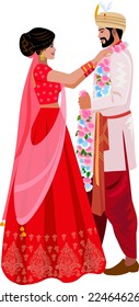 Wedding Indian ceremony adorable couple  Bride puts a wreath of flowers on the neck of a  groom Vector