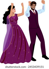 La pareja india de la Boda baila bellamente el baile nupcial nacional el novio en un traje de novia de moda, la novia en un Vector sari de novia de moda morada