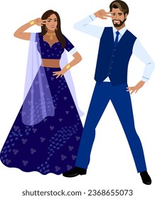 Boda pareja india bailando boda Novia y Groom en trajes de boda azul oscuro Vector