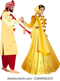 Boda pareja india en la ceremonia de matrimonio Novia y novio con tradicionales disfraces de bodas indias en color oro Vector