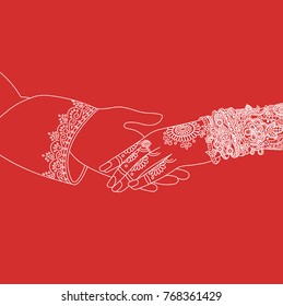 Wedding indian invitation card ceremony white lines .India marriage template.Beautifully decorated Indian bride hand.Close-up of groom holding brides hand.Indian bride with mehandi in hand in vector. 