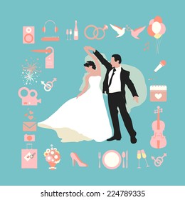 Wedding info graphics. Set of icons in the flat  style design with theme for infographic. Silhouettes of the bride and groom are drawn. Dance husband and wife