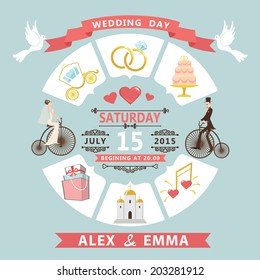 Wedding infographic set with Cartoon Bride and groom.Wedding day coast statistics design template.Vector business concepts with flat  icons  for business report or plan 