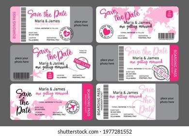 Wedding initation- boarding pass in pink colors set editablle