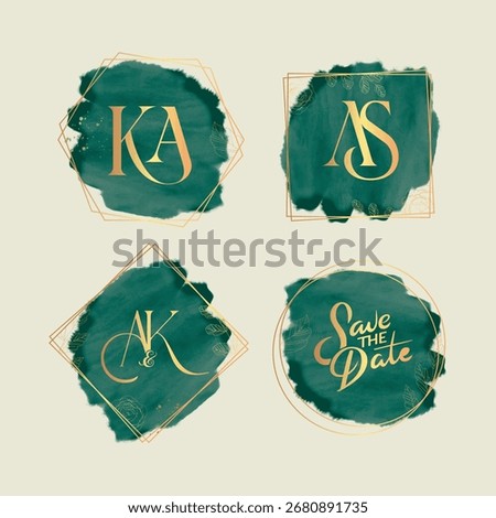 Wedding initial design in golden and green splash design.