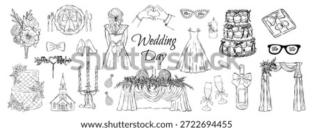 Wedding ink elements collection. Hand drawn marriage icons. Wedding table, arch, cake, champagne. Vector wedding illustrations for invitations, greeting cards.