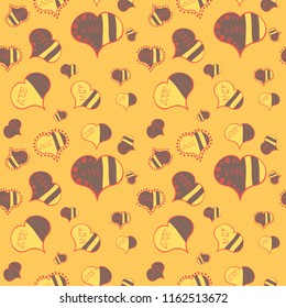 Wedding and invatation card concept. Seamless Love doodle romantic background vector with hearts. Valentine':s day. Drawing in sketch style on yellow, brown and pink colors. Wrapping paper. Vector.